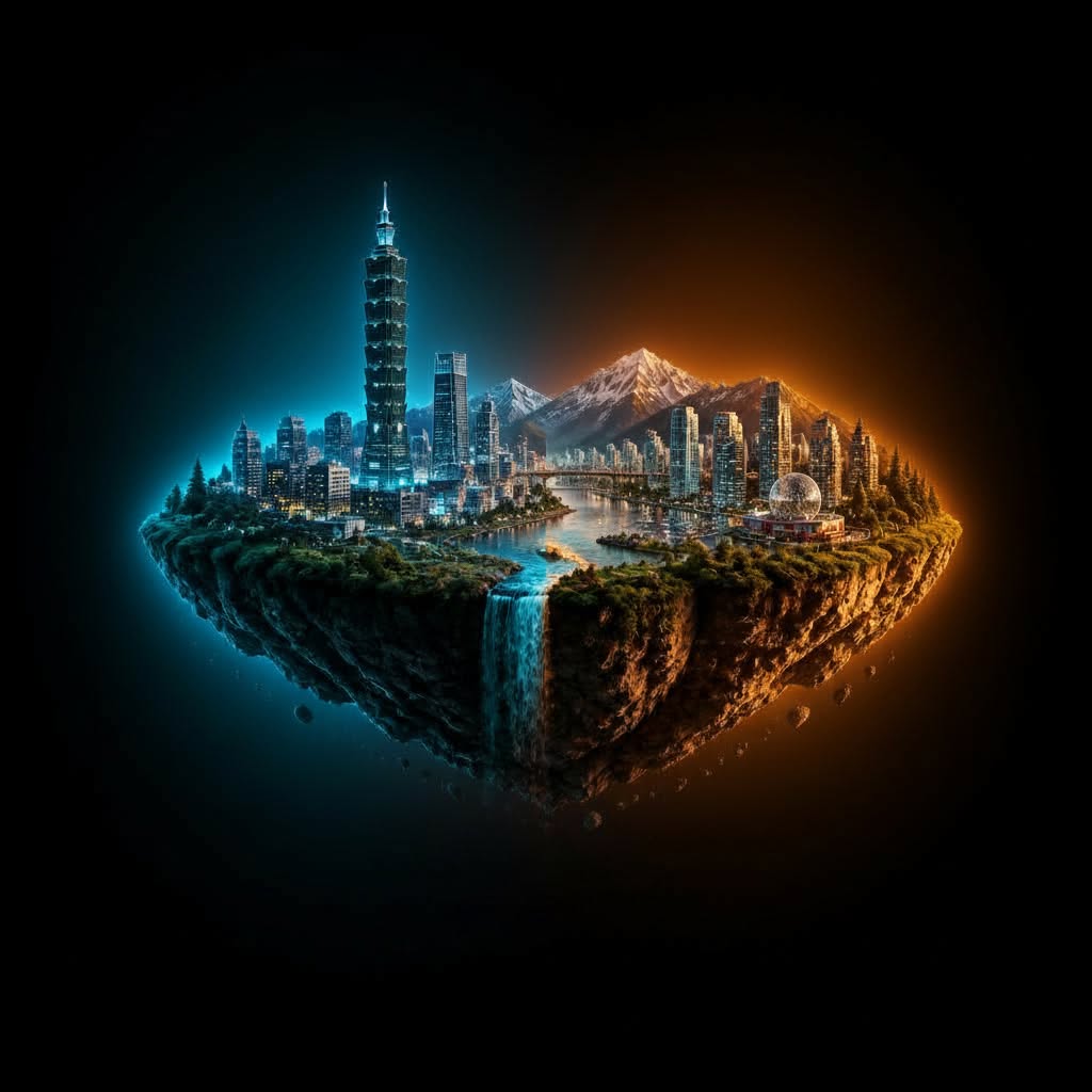 Illustrated floating island representing Mickey Chang's dual work realms of Taipei and Vancouver